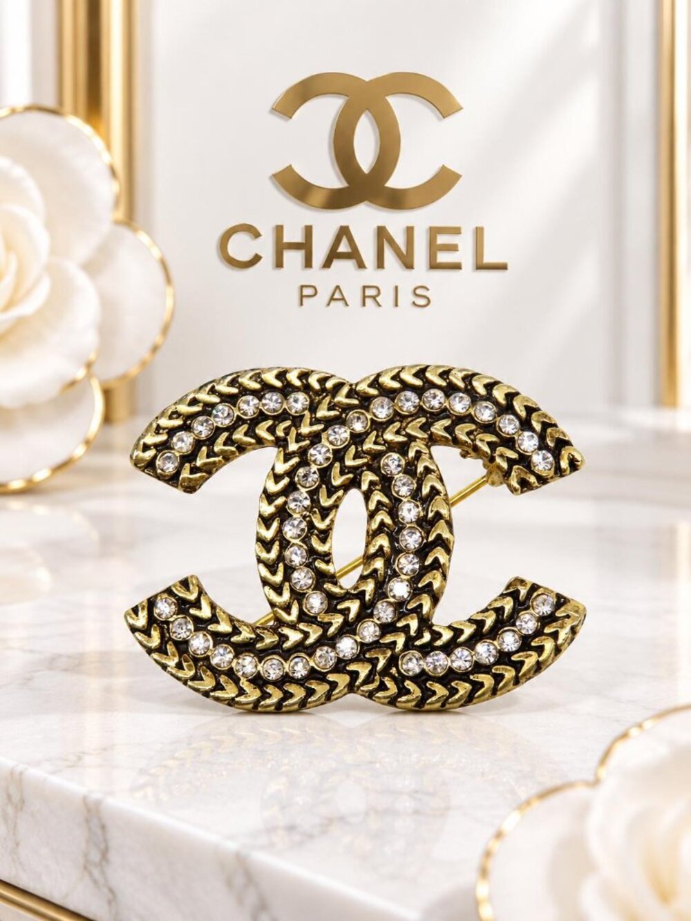 Authentic Chanel Crystal CC Logo Textured Gold Tone Brooch Pin